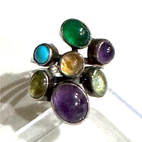Signed - Gilo & Grace Nakai, Navajo. Vintage Multi Stone Sterling Cluster Ring - Picture 7 of 14